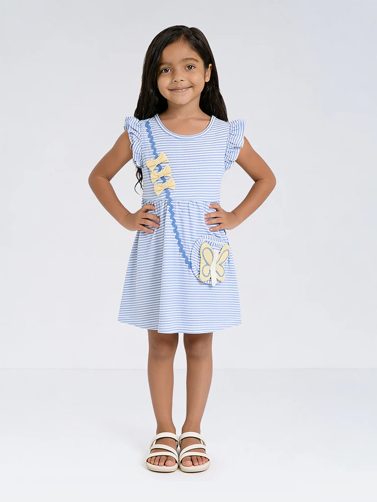 Kids Girls Blue Striped Sling-Bag Detail Cotton A-Line Dress